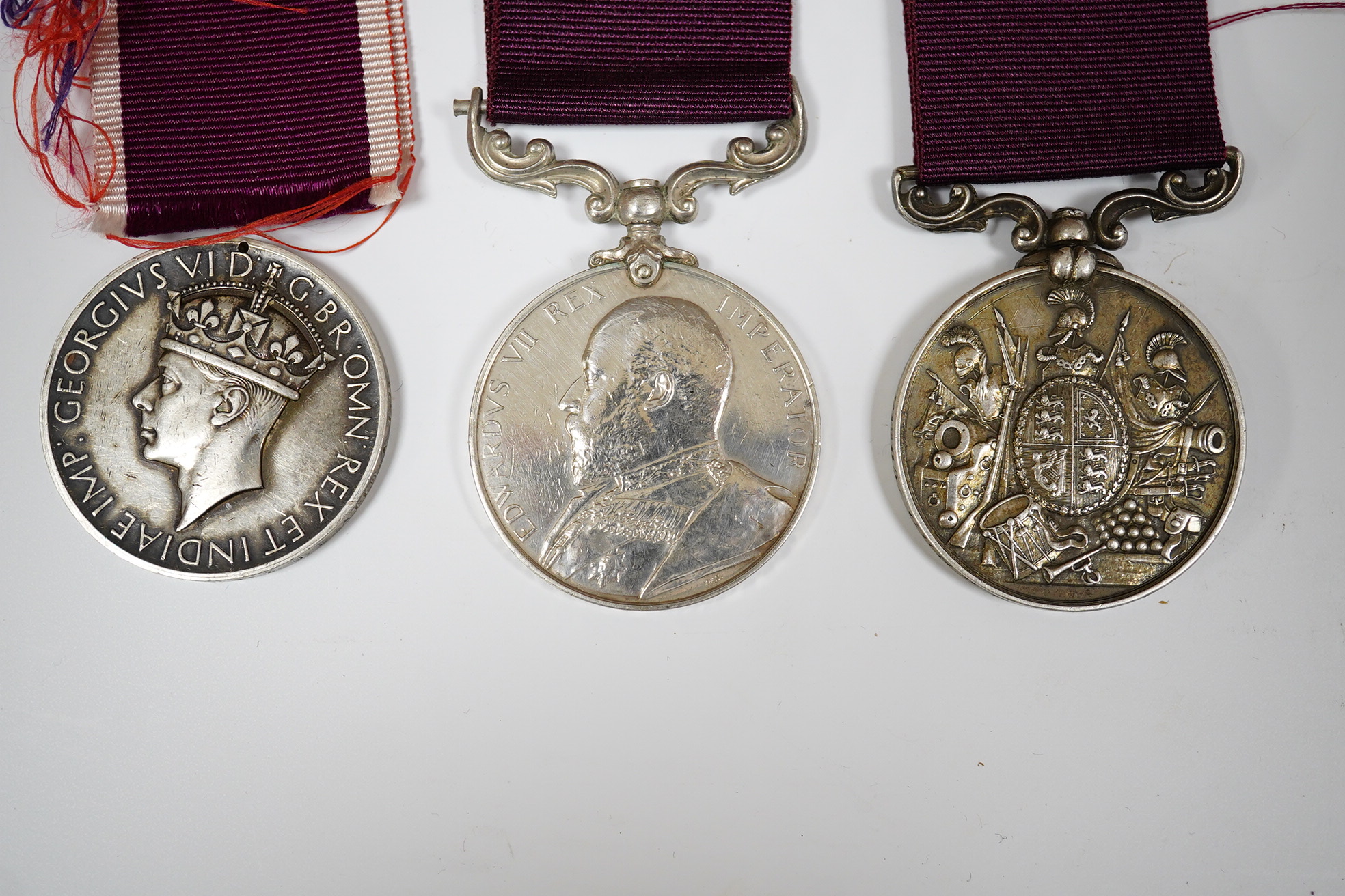 Vict LSGC to 91285 Gunner E Smith Royal Horse Artillery, Edward VII Army LSGC to 93755 C.S.Maj. J.Wallis R.G.A., GV LSGC to S.Sgt.Instr.J.W.Hills.I.U.L.Attd.A.F.I (disc only). Condition - poor to good